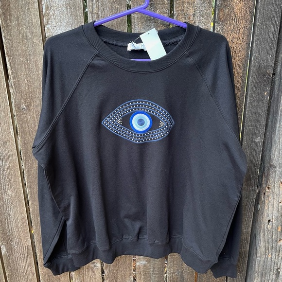 Sofia Vergara Embroidered Evil Eye Drop Shoulder Sweatshirt NWT In Black Sz L - Picture 6 of 13